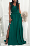 Green Womens V Neck Ruched Lace Splicing Maxi Dress with Side Split LC617432-9