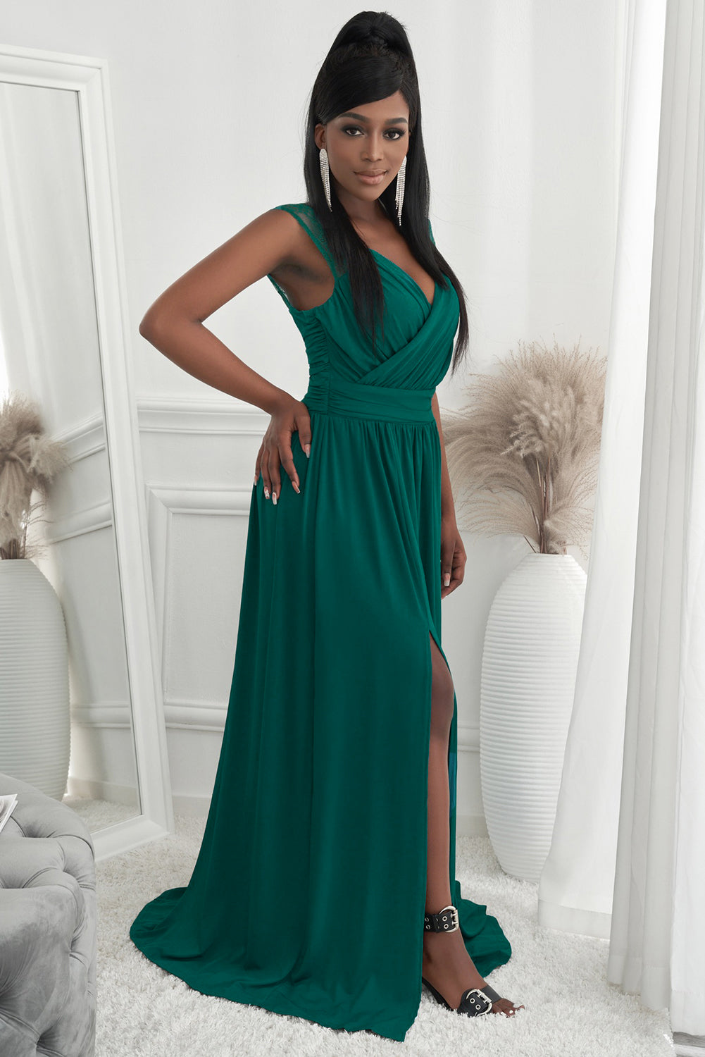 Green Womens V Neck Ruched Lace Splicing Maxi Dress with Side Split LC617432-9