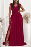 Red Womens V Neck Ruched Lace Splicing Maxi Dress with Side Split LC617432-3