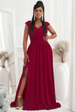 Red Womens V Neck Ruched Lace Splicing Maxi Dress with Side Split LC617432-3