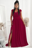 Red Womens V Neck Ruched Lace Splicing Maxi Dress with Side Split LC617432-3