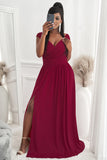 Red Womens V Neck Ruched Lace Splicing Maxi Dress with Side Split LC617432-3