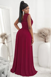 Red Womens V Neck Ruched Lace Splicing Maxi Dress with Side Split LC617432-3