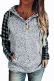 Black Womens Splicing Kangaroo Pocket Buttoned Plaid Hoodie LC2539575-2