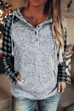 Black Womens Splicing Kangaroo Pocket Buttoned Plaid Hoodie LC2539575-2