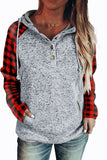 Red Womens Splicing Kangaroo Pocket Buttoned Plaid Hoodie LC2539575-3