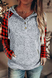 Red Womens Splicing Kangaroo Pocket Buttoned Plaid Hoodie LC2539575-3