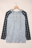 Black Womens Splicing Kangaroo Pocket Buttoned Plaid Hoodie LC2539575-2