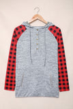 Red Womens Splicing Kangaroo Pocket Buttoned Plaid Hoodie LC2539575-3
