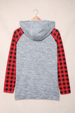 Red Womens Splicing Kangaroo Pocket Buttoned Plaid Hoodie LC2539575-3