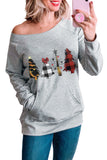 Womens Plaid Christmas Tree Grey Sweatshirt Long Sleeve Tops