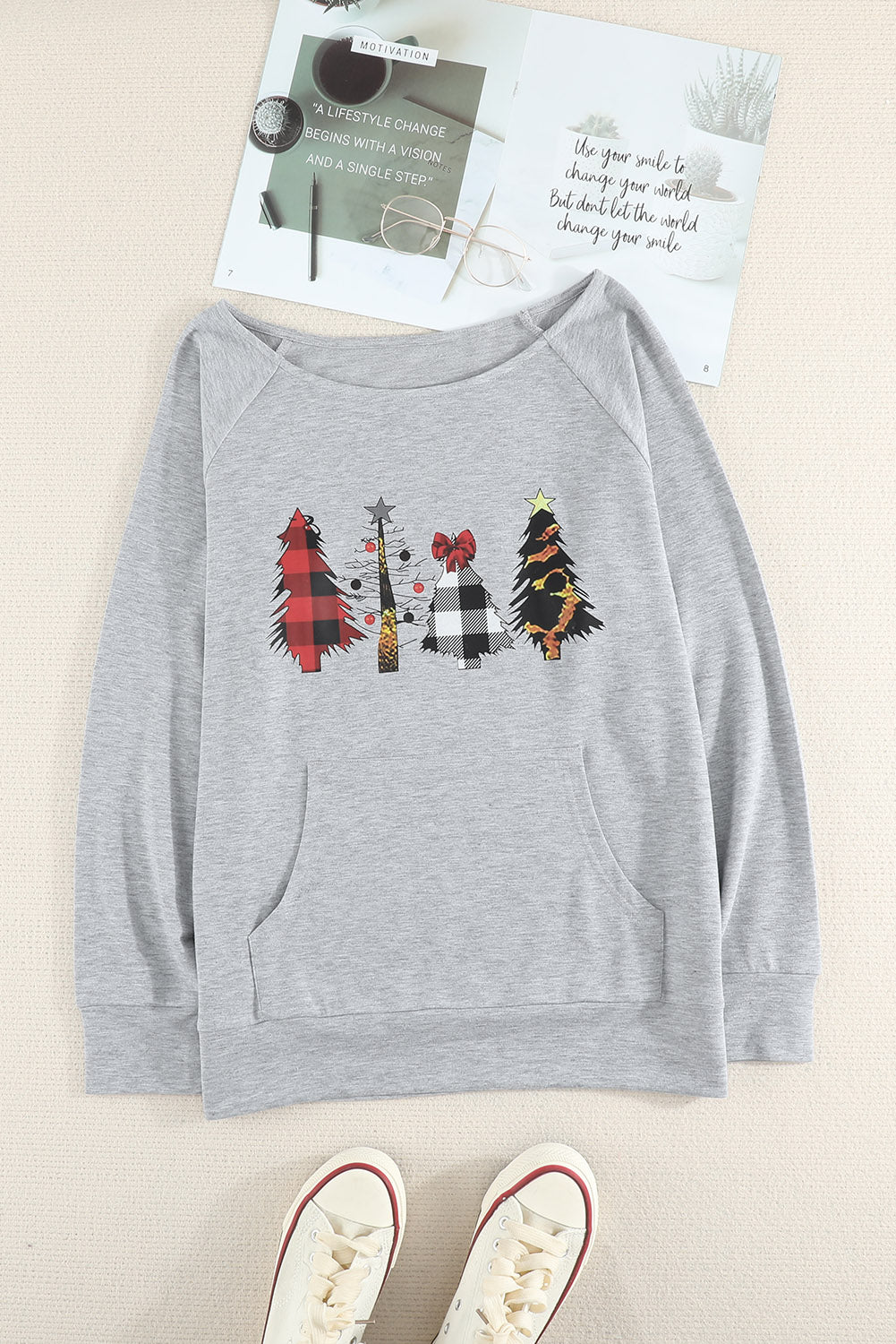 Gray Womens Plaid Christmas Tree Grey Sweatshirt Long Sleeve Tops LC2539528-11