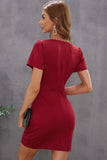 Red Short Sleeve Wrap V Neck Bodycon Ruched Mini Dress for Ladies LC228867-3
