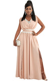 Pink Crochet V Neck Maxi Dress Sleeveless Pleated High Waist Long Dress LC615797-10