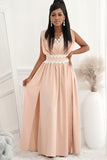 Pink Crochet V Neck Maxi Dress Sleeveless Pleated High Waist Long Dress LC615797-10