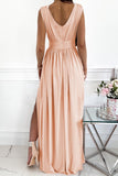 Pink Crochet V Neck Maxi Dress Sleeveless Pleated High Waist Long Dress LC615797-10