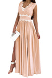 Pink Crochet V Neck Maxi Dress Sleeveless Pleated High Waist Long Dress LC615797-10