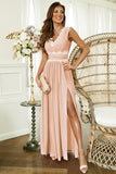 Pink Crochet V Neck Maxi Dress Sleeveless Pleated High Waist Long Dress LC615797-10