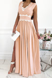 Pink Crochet V Neck Maxi Dress Sleeveless Pleated High Waist Long Dress LC615797-10