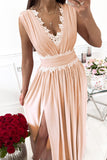 Pink Crochet V Neck Maxi Dress Sleeveless Pleated High Waist Long Dress LC615797-10