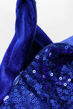 Blue Deep V Neck Sequins Slip Midi Dress with Split LC617295-5
