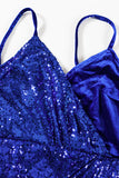 Blue Deep V Neck Sequins Slip Midi Dress with Split LC617295-5