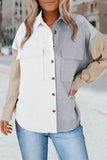LC2551387-1-S, LC2551387-1-M, LC2551387-1-L, LC2551387-1-XL, LC2551387-1-2XL, LC2551387-1-3XL, White Women Oversized Shirts Color Block Button Shacket Jacket
