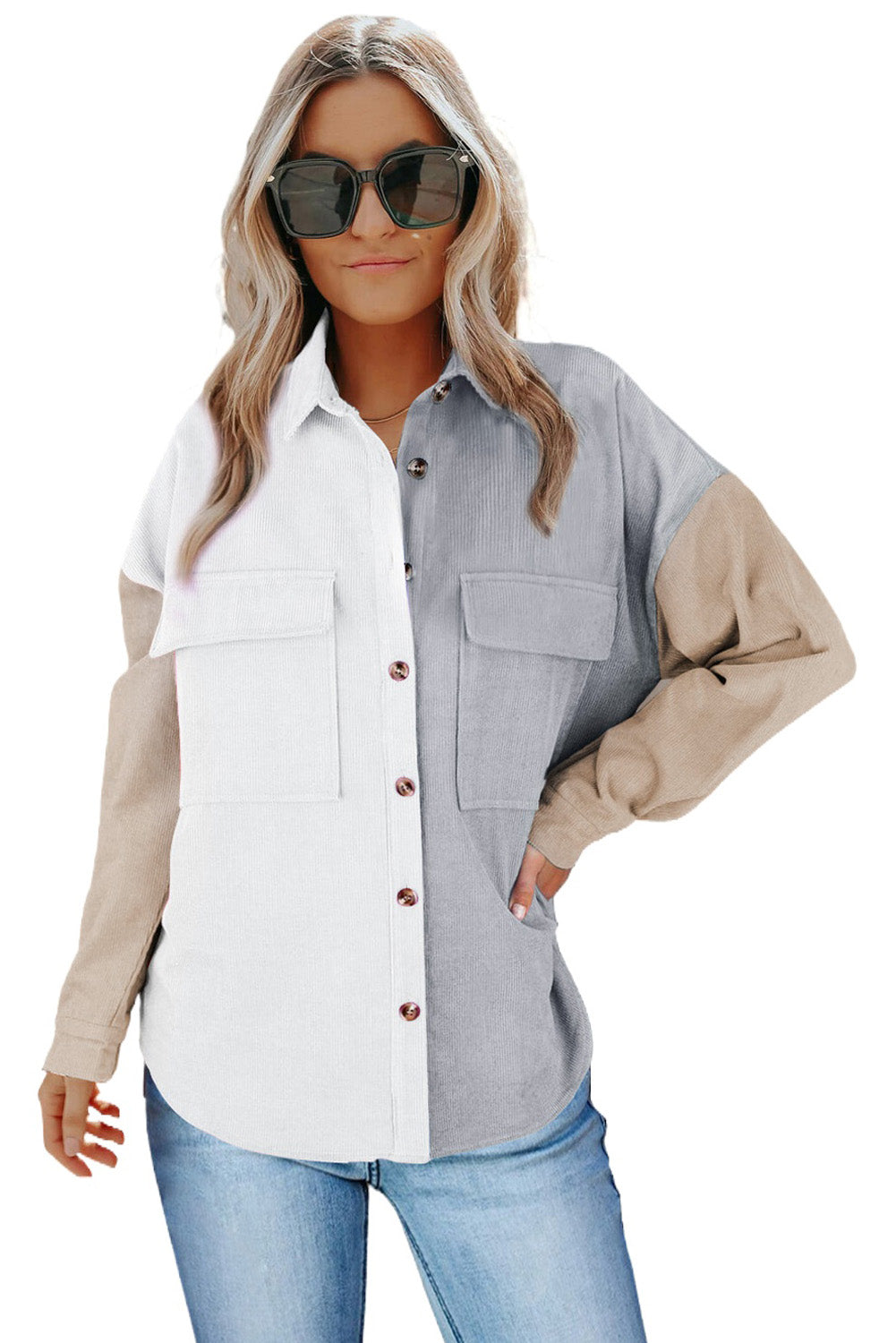 LC2551387-1-S, LC2551387-1-M, LC2551387-1-L, LC2551387-1-XL, LC2551387-1-2XL, LC2551387-1-3XL, White Women Oversized Shirts Color Block Button Shacket Jacket
