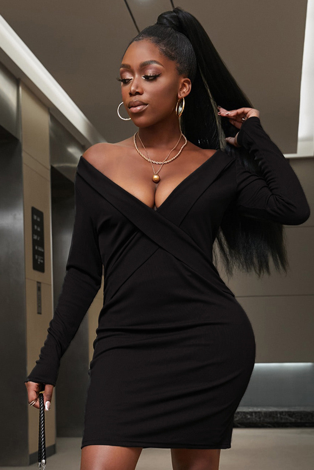 plunge neck long sleeve bodycon dress Plunging V-Neck Long Sleeve Sequin Bodycon Midi Dress GM01075