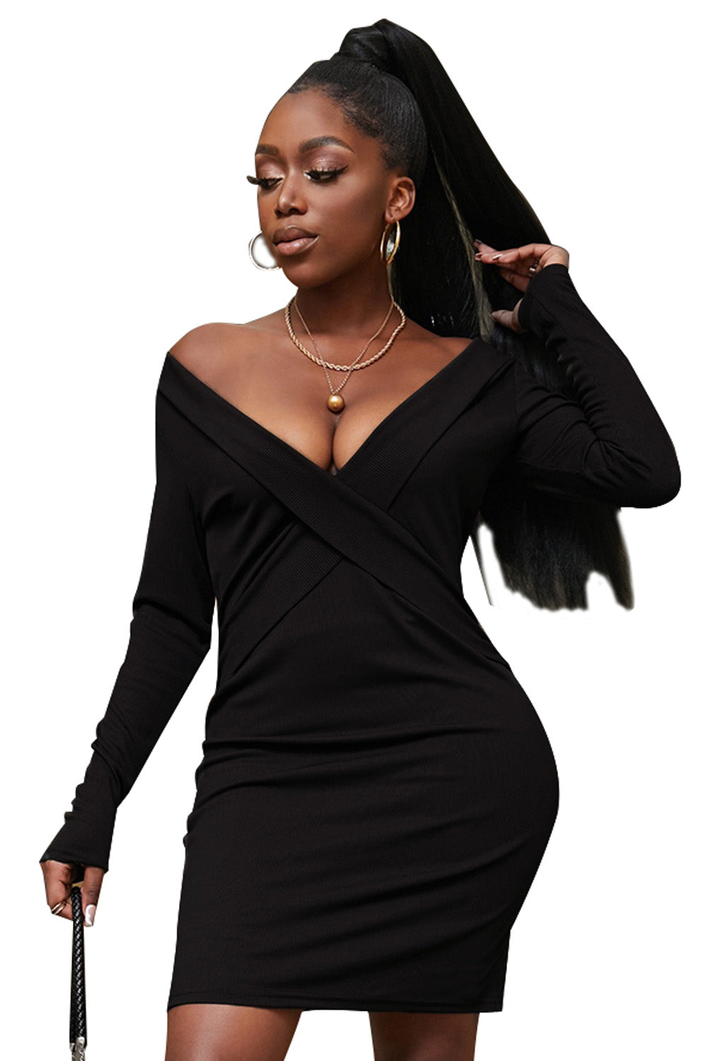 plunge neck long sleeve bodycon dress Plunging V-Neck Long Sleeve Sequin Bodycon Midi Dress GM01075