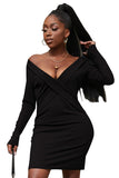 Black Plunging Neck Bodycon Long Sleeve Ladies Black Mini Dress LC227553-2