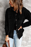 LC8511383-2-S, LC8511383-2-M, LC8511383-2-L, LC8511383-2-XL, LC8511383-2-2XL, Black Womens Boyfriend Shirt Ribbed Shacket Loose Fit Long Sleeve Tops