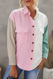 LC2551387-10-S, LC2551387-10-M, LC2551387-10-L, LC2551387-10-XL, LC2551387-10-2XL, LC2551387-10-3XL, Pink Women Oversized Shirts Color Block Button Shacket Jacket