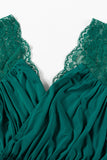 Green Womens V Neck Ruched Lace Splicing Maxi Dress with Side Split LC617432-9