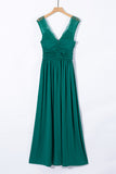 Green Womens V Neck Ruched Lace Splicing Maxi Dress with Side Split LC617432-9