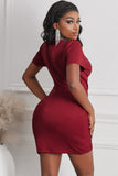 Red Short Sleeve Wrap V Neck Bodycon Ruched Mini Dress for Ladies LC228867-3