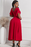 Red V Neck Ruffled Sleeve Empire Waist Flare Long Dress LC617472-3