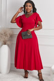 Red V Neck Ruffled Sleeve Empire Waist Flare Long Dress LC617472-3