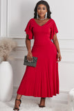 Red V Neck Ruffled Sleeve Empire Waist Flare Long Dress LC617472-3