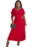 Red V Neck Ruffled Sleeve Empire Waist Flare Long Dress LC617472-3