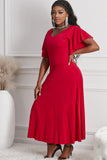 Red V Neck Ruffled Sleeve Empire Waist Flare Long Dress LC617472-3