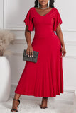 Red V Neck Ruffled Sleeve Empire Waist Flare Long Dress LC617472-3