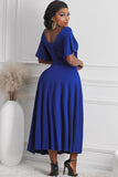 Blue V Neck Ruffled Sleeve Empire Waist Flare Long Dress LC617472-5