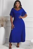 Blue V Neck Ruffled Sleeve Empire Waist Flare Long Dress LC617472-5