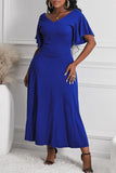 Blue V Neck Ruffled Sleeve Empire Waist Flare Long Dress LC617472-5