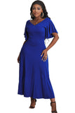 Blue V Neck Ruffled Sleeve Empire Waist Flare Long Dress LC617472-5