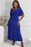 Blue V Neck Ruffled Sleeve Empire Waist Flare Long Dress LC617472-5