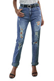 Sky Blue Womens High Waist Stretchy Ripped Pockets Boyfriend Denim Pants LC781418-4