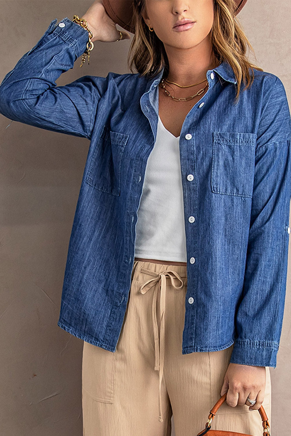 LC2551585-5-S, LC2551585-5-M, LC2551585-5-L, LC2551585-5-XL, LC2551585-5-2XL, Blue Womens Denim Jacket Button Down Long Sleeve Shirts Blouses Tops