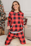 Red Pajamas Set Long Sleeve Sleepwear for Women Red Plaid Lounge Sets LC62588-3